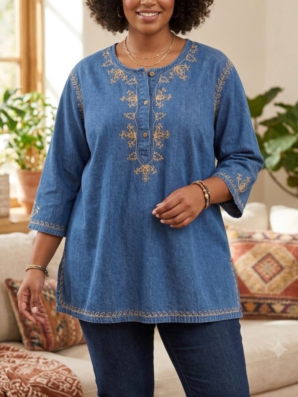 MAGGIE & MAX Denim Embroidered Henley Tunic 100% Cotton Women's Size 2X Boho